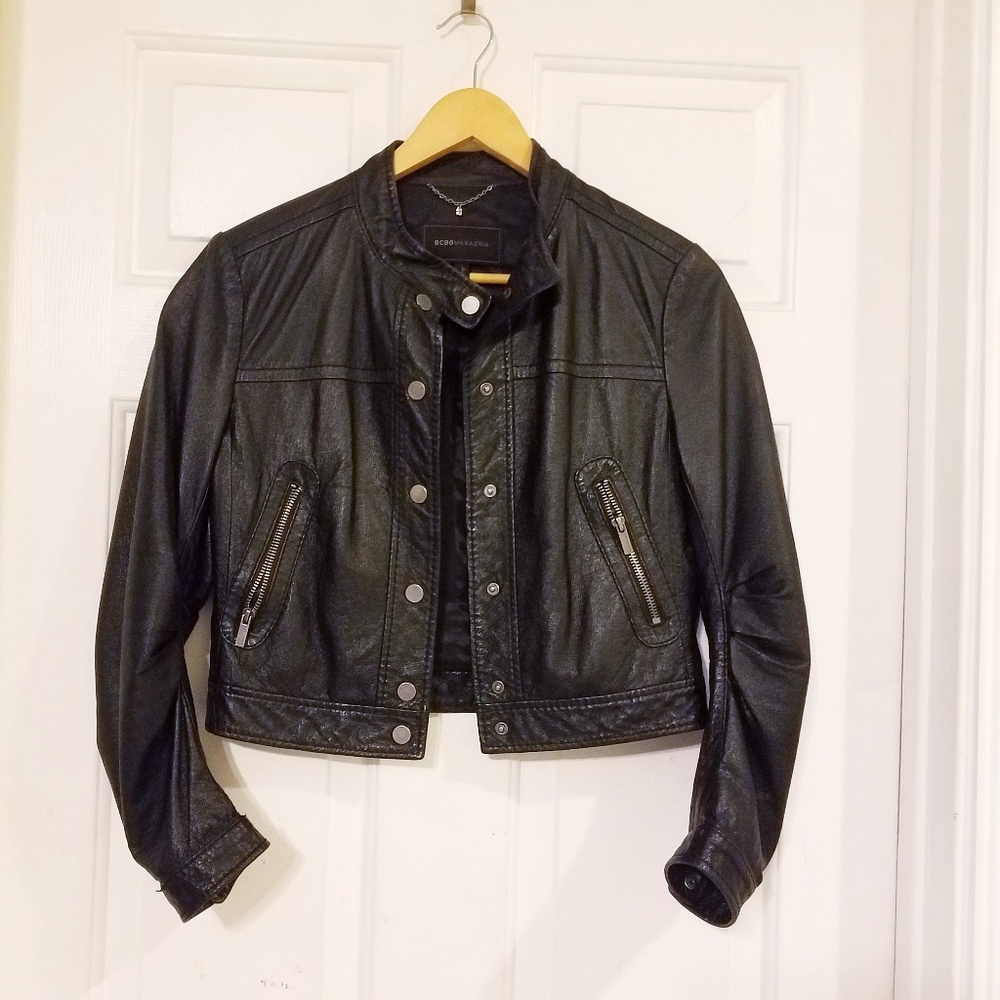 BCBGMaxAzria Black Button Front Leather Jacket
